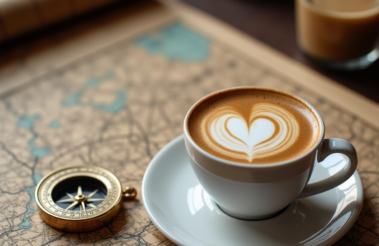 Artystyczne ujęcie filiżanki kawy speciality obok mosiężnego kompasu i mapy Warszawy