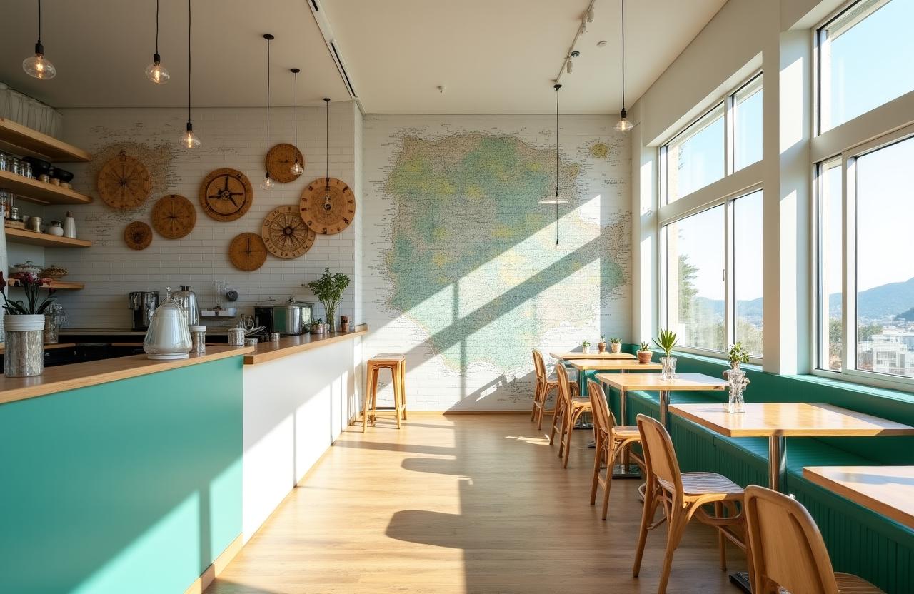 Wnętrze kawiarni Kompass Kawa z mapami nawigacyjnymi