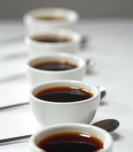 Cupping kawy speciality, rzędy filiżanek i białe łyżeczki